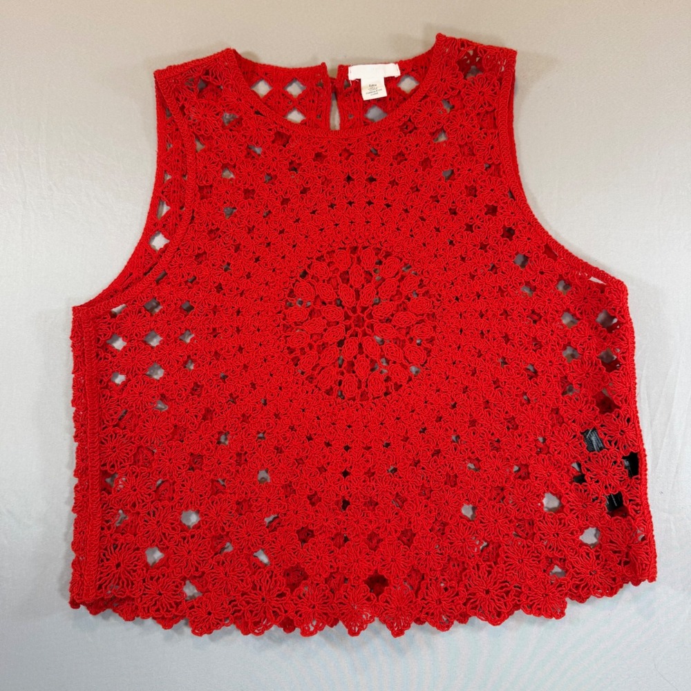 Red Crochet Sleeveless Top Button Back Floral‎ Open Boho Tank Medium Festival